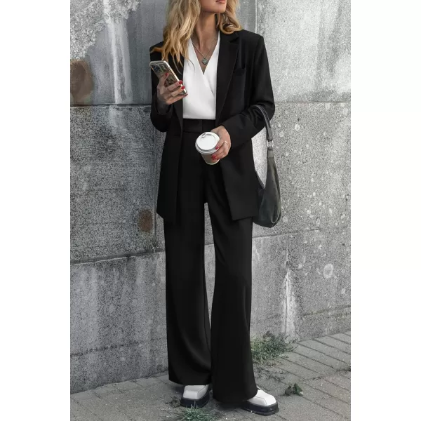 PRETTYGARDEN Womens 2024 Fall Two Piece Outfits Blazer Jacket and Wide Leg Pants Pockets Business Casual Suit SetsBlack