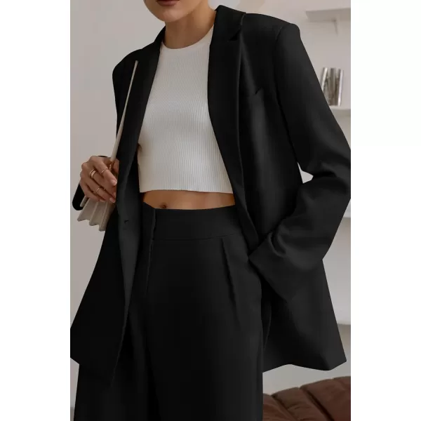 PRETTYGARDEN Womens 2024 Fall Two Piece Outfits Blazer Jacket and Wide Leg Pants Pockets Business Casual Suit SetsBlack