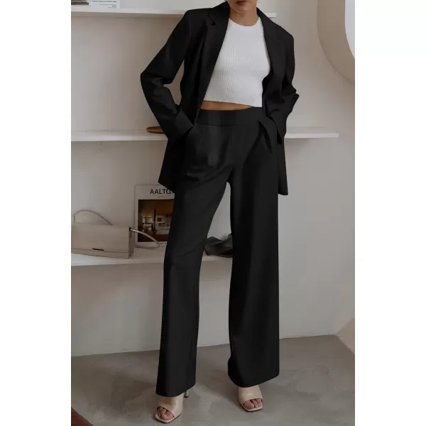PRETTYGARDEN Womens 2024 Fall Two Piece Outfits Blazer Jacket and Wide Leg Pants Pockets Business Casual Suit SetsBlack