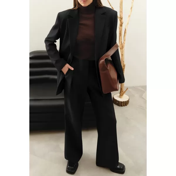 PRETTYGARDEN Womens 2024 Fall Two Piece Outfits Blazer Jacket and Wide Leg Pants Pockets Business Casual Suit SetsBlack