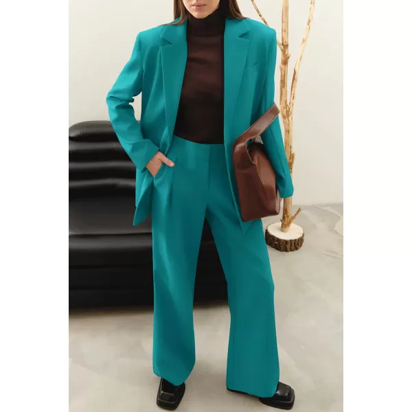 PRETTYGARDEN Womens 2024 Fall Two Piece Outfits Blazer Jacket and Wide Leg Pants Pockets Business Casual Suit SetsBlue Green