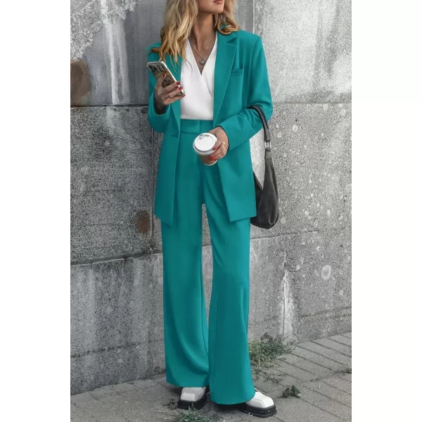 PRETTYGARDEN Womens 2024 Fall Two Piece Outfits Blazer Jacket and Wide Leg Pants Pockets Business Casual Suit SetsBlue Green