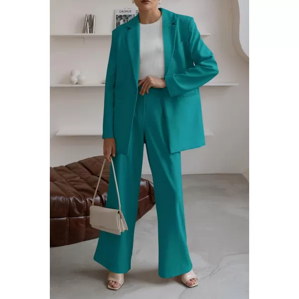 PRETTYGARDEN Womens 2024 Fall Two Piece Outfits Blazer Jacket and Wide Leg Pants Pockets Business Casual Suit SetsBlue Green