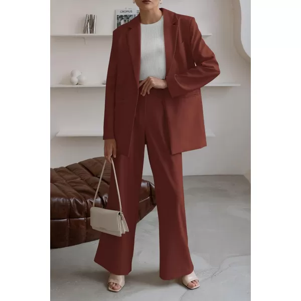 PRETTYGARDEN Womens 2024 Fall Two Piece Outfits Blazer Jacket and Wide Leg Pants Pockets Business Casual Suit SetsBrown Red