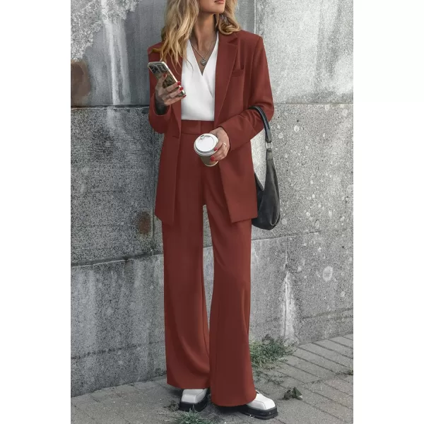 PRETTYGARDEN Womens 2024 Fall Two Piece Outfits Blazer Jacket and Wide Leg Pants Pockets Business Casual Suit SetsBrown Red