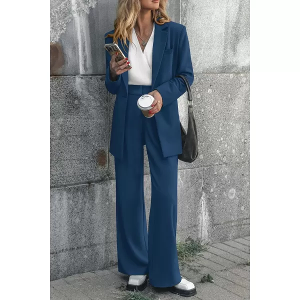 PRETTYGARDEN Womens 2024 Fall Two Piece Outfits Blazer Jacket and Wide Leg Pants Pockets Business Casual Suit SetsDark Blue