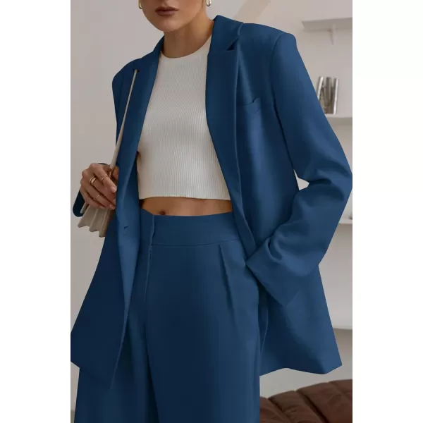 PRETTYGARDEN Womens 2024 Fall Two Piece Outfits Blazer Jacket and Wide Leg Pants Pockets Business Casual Suit SetsDark Blue