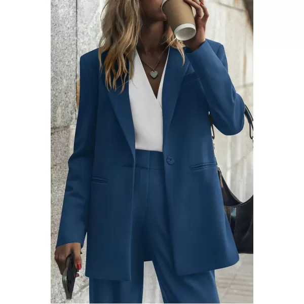 PRETTYGARDEN Womens 2024 Fall Two Piece Outfits Blazer Jacket and Wide Leg Pants Pockets Business Casual Suit SetsDark Blue