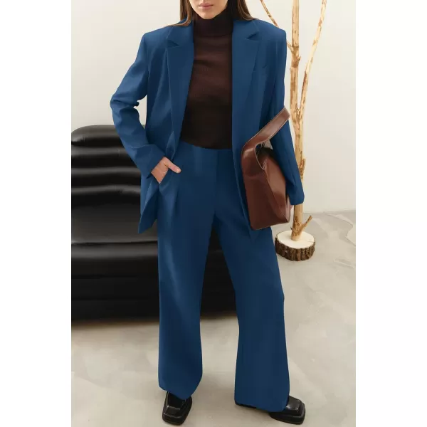 PRETTYGARDEN Womens 2024 Fall Two Piece Outfits Blazer Jacket and Wide Leg Pants Pockets Business Casual Suit SetsDark Blue