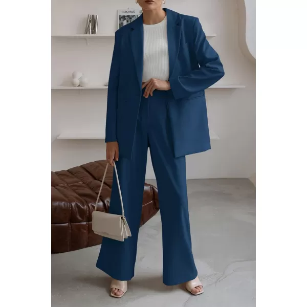 PRETTYGARDEN Womens 2024 Fall Two Piece Outfits Blazer Jacket and Wide Leg Pants Pockets Business Casual Suit SetsDark Blue