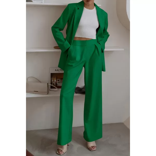 PRETTYGARDEN Womens 2024 Fall Two Piece Outfits Blazer Jacket and Wide Leg Pants Pockets Business Casual Suit SetsGreen