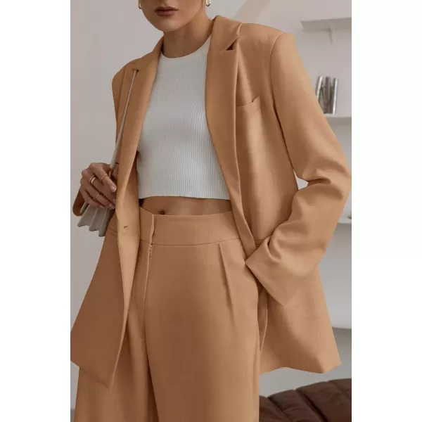 PRETTYGARDEN Womens 2024 Fall Two Piece Outfits Blazer Jacket and Wide Leg Pants Pockets Business Casual Suit SetsKhaki