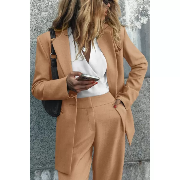 PRETTYGARDEN Womens 2024 Fall Two Piece Outfits Blazer Jacket and Wide Leg Pants Pockets Business Casual Suit SetsKhaki