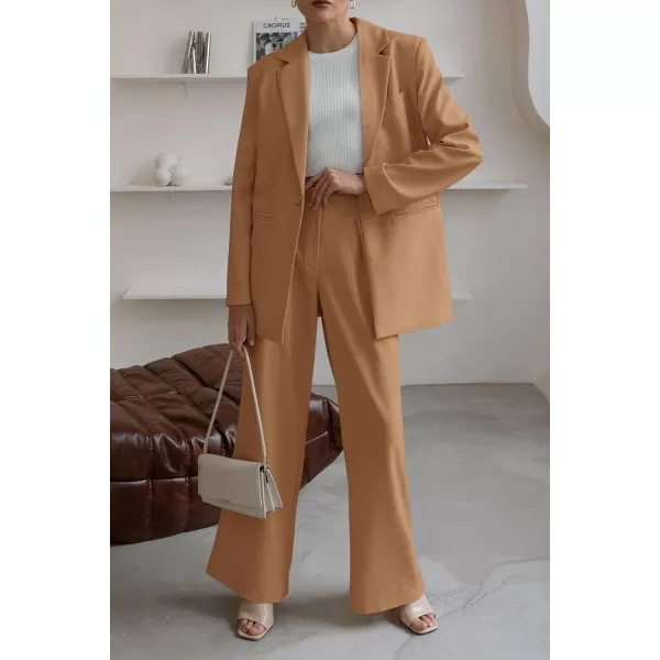 PRETTYGARDEN Womens 2024 Fall Two Piece Outfits Blazer Jacket and Wide Leg Pants Pockets Business Casual Suit SetsKhaki