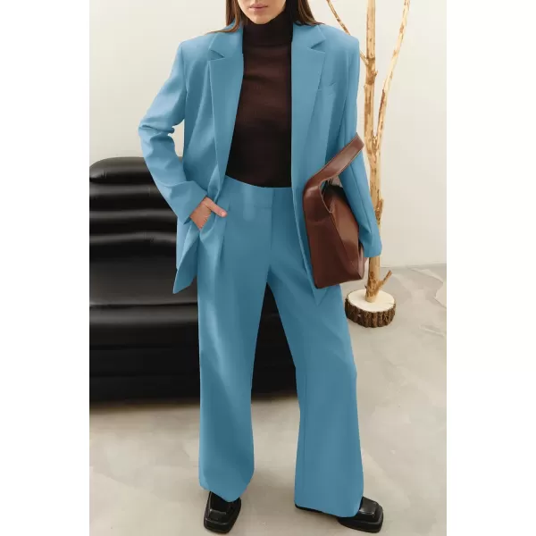PRETTYGARDEN Womens 2024 Fall Two Piece Outfits Blazer Jacket and Wide Leg Pants Pockets Business Casual Suit SetsLake Blue