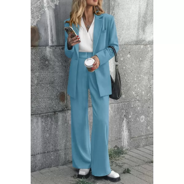 PRETTYGARDEN Womens 2024 Fall Two Piece Outfits Blazer Jacket and Wide Leg Pants Pockets Business Casual Suit SetsLake Blue