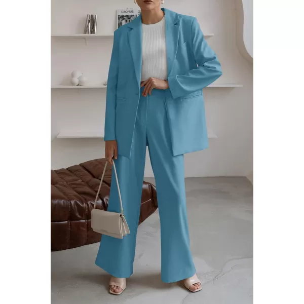PRETTYGARDEN Womens 2024 Fall Two Piece Outfits Blazer Jacket and Wide Leg Pants Pockets Business Casual Suit SetsLake Blue