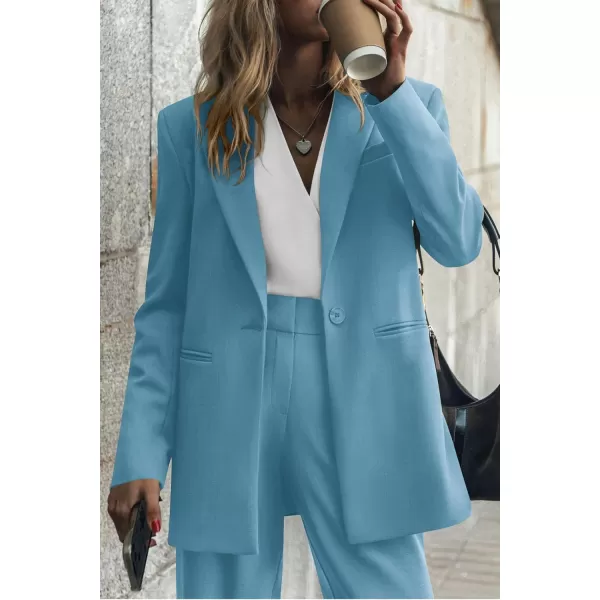 PRETTYGARDEN Womens 2024 Fall Two Piece Outfits Blazer Jacket and Wide Leg Pants Pockets Business Casual Suit SetsLake Blue
