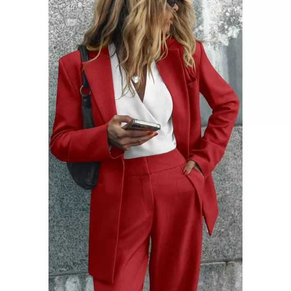 PRETTYGARDEN Womens 2024 Fall Two Piece Outfits Blazer Jacket and Wide Leg Pants Pockets Business Casual Suit SetsRed
