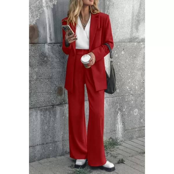 PRETTYGARDEN Womens 2024 Fall Two Piece Outfits Blazer Jacket and Wide Leg Pants Pockets Business Casual Suit SetsRed