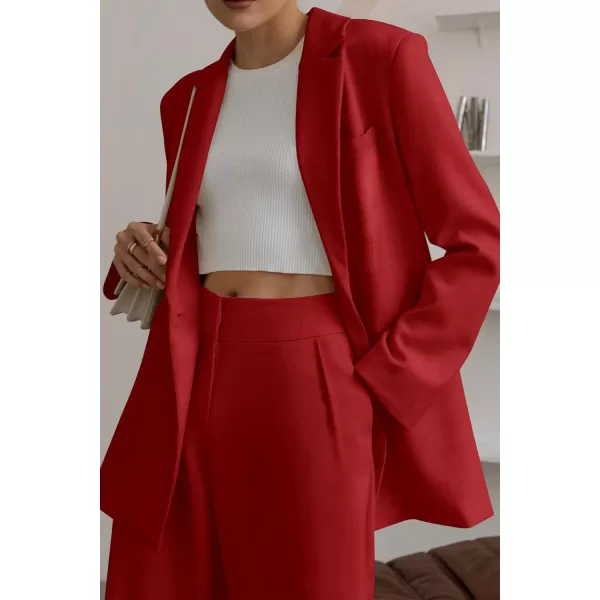 PRETTYGARDEN Womens 2024 Fall Two Piece Outfits Blazer Jacket and Wide Leg Pants Pockets Business Casual Suit SetsRed