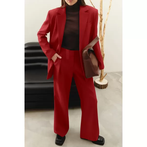 PRETTYGARDEN Womens 2024 Fall Two Piece Outfits Blazer Jacket and Wide Leg Pants Pockets Business Casual Suit SetsRed