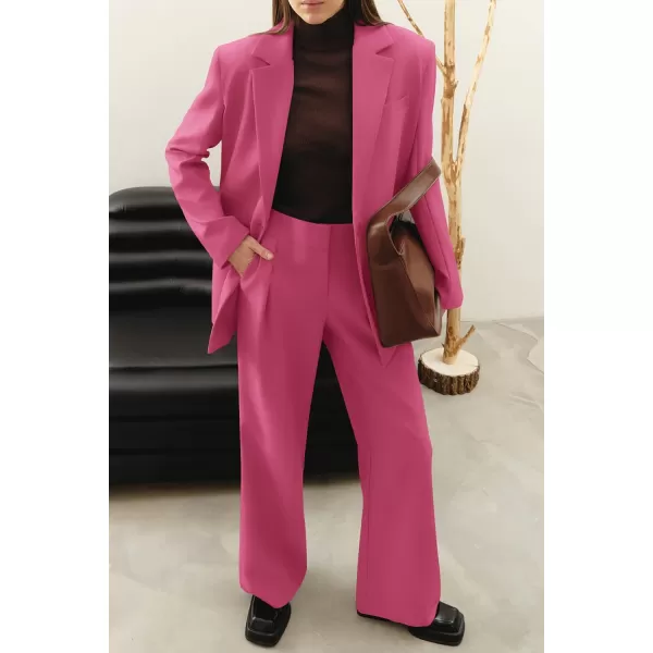 PRETTYGARDEN Womens 2024 Fall Two Piece Outfits Blazer Jacket and Wide Leg Pants Pockets Business Casual Suit SetsRose Red