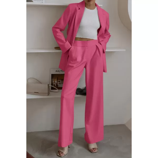 PRETTYGARDEN Womens 2024 Fall Two Piece Outfits Blazer Jacket and Wide Leg Pants Pockets Business Casual Suit SetsRose Red