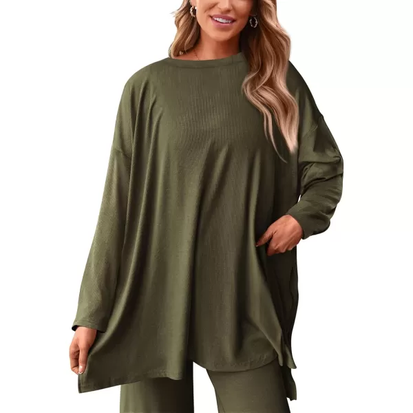 PRETTYGARDEN Womens Fall Two Piece Outfits Matching Lounge Sets Long Sleeve High Low Tops T Shirts Wide Leg Pants TracksuitsArmy Green