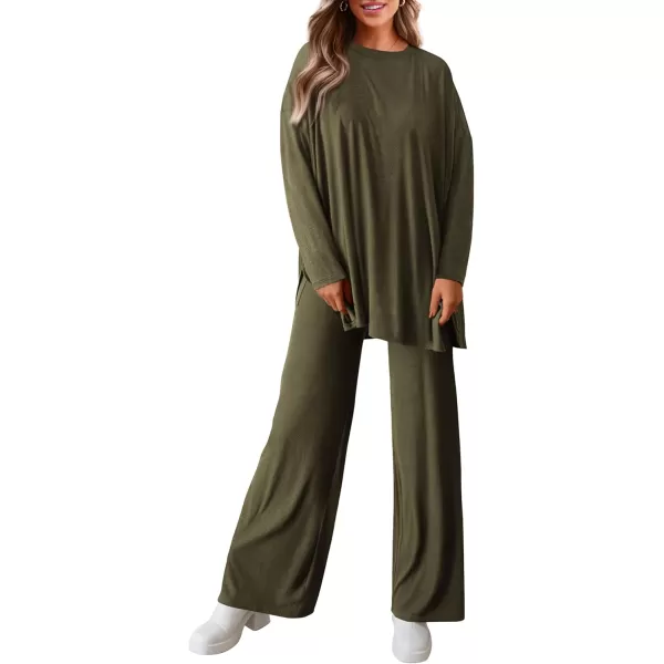 PRETTYGARDEN Womens Fall Two Piece Outfits Matching Lounge Sets Long Sleeve High Low Tops T Shirts Wide Leg Pants TracksuitsArmy Green
