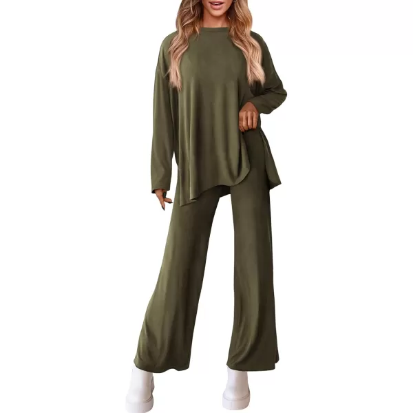 PRETTYGARDEN Womens Fall Two Piece Outfits Matching Lounge Sets Long Sleeve High Low Tops T Shirts Wide Leg Pants TracksuitsArmy Green
