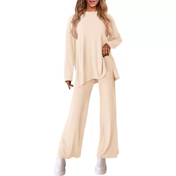 PRETTYGARDEN Womens Fall Two Piece Outfits Matching Lounge Sets Long Sleeve High Low Tops T Shirts Wide Leg Pants TracksuitsBeige