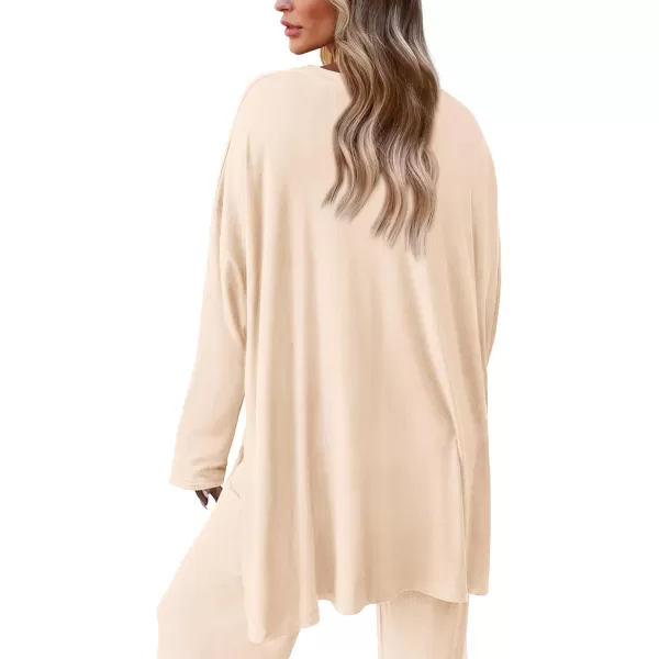 PRETTYGARDEN Womens Fall Two Piece Outfits Matching Lounge Sets Long Sleeve High Low Tops T Shirts Wide Leg Pants TracksuitsBeige