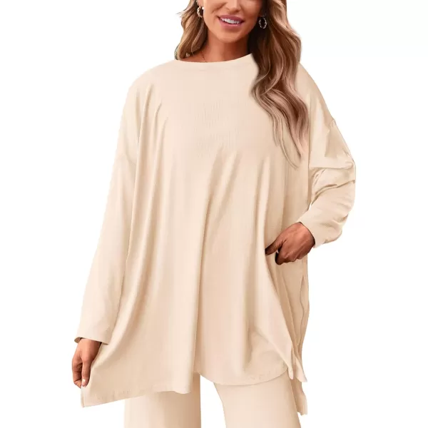 PRETTYGARDEN Womens Fall Two Piece Outfits Matching Lounge Sets Long Sleeve High Low Tops T Shirts Wide Leg Pants TracksuitsBeige