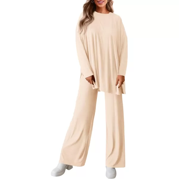 PRETTYGARDEN Womens Fall Two Piece Outfits Matching Lounge Sets Long Sleeve High Low Tops T Shirts Wide Leg Pants TracksuitsBeige