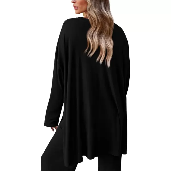 PRETTYGARDEN Womens Fall Two Piece Outfits Matching Lounge Sets Long Sleeve High Low Tops T Shirts Wide Leg Pants TracksuitsBlack