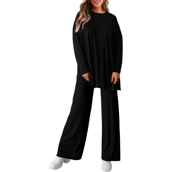 PRETTYGARDEN Womens Fall Two Piece Outfits Matching Lounge Sets Long Sleeve High Low Tops T Shirts Wide Leg Pants TracksuitsBlack