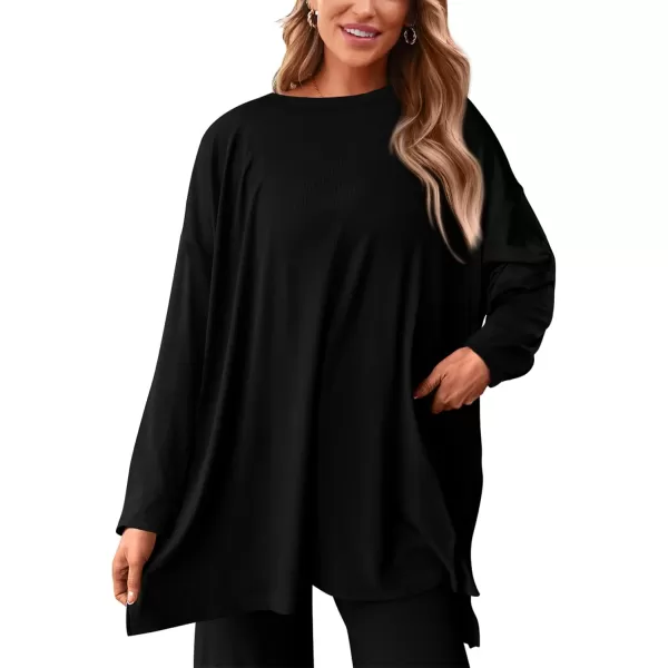 PRETTYGARDEN Womens Fall Two Piece Outfits Matching Lounge Sets Long Sleeve High Low Tops T Shirts Wide Leg Pants TracksuitsBlack