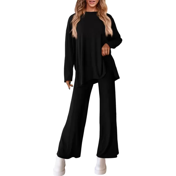 PRETTYGARDEN Womens Fall Two Piece Outfits Matching Lounge Sets Long Sleeve High Low Tops T Shirts Wide Leg Pants TracksuitsBlack