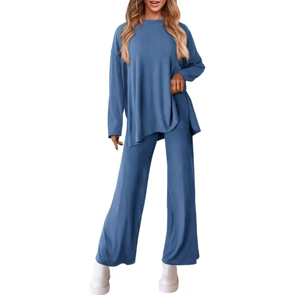 PRETTYGARDEN Womens Fall Two Piece Outfits Matching Lounge Sets Long Sleeve High Low Tops T Shirts Wide Leg Pants TracksuitsBlue