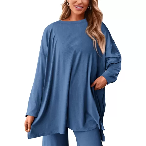 PRETTYGARDEN Womens Fall Two Piece Outfits Matching Lounge Sets Long Sleeve High Low Tops T Shirts Wide Leg Pants TracksuitsBlue