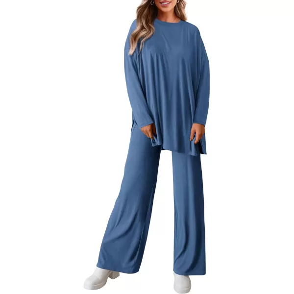 PRETTYGARDEN Womens Fall Two Piece Outfits Matching Lounge Sets Long Sleeve High Low Tops T Shirts Wide Leg Pants TracksuitsBlue