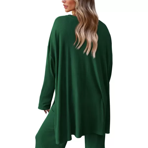 PRETTYGARDEN Womens Fall Two Piece Outfits Matching Lounge Sets Long Sleeve High Low Tops T Shirts Wide Leg Pants TracksuitsDark Green