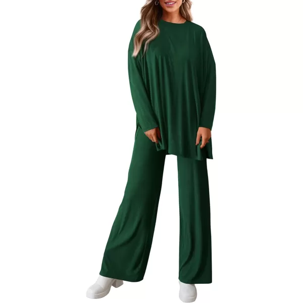PRETTYGARDEN Womens Fall Two Piece Outfits Matching Lounge Sets Long Sleeve High Low Tops T Shirts Wide Leg Pants TracksuitsDark Green