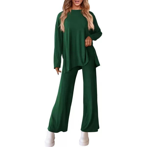 PRETTYGARDEN Womens Fall Two Piece Outfits Matching Lounge Sets Long Sleeve High Low Tops T Shirts Wide Leg Pants TracksuitsDark Green