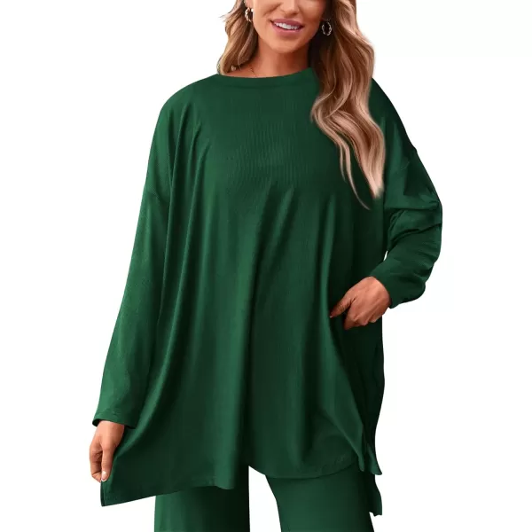 PRETTYGARDEN Womens Fall Two Piece Outfits Matching Lounge Sets Long Sleeve High Low Tops T Shirts Wide Leg Pants TracksuitsDark Green