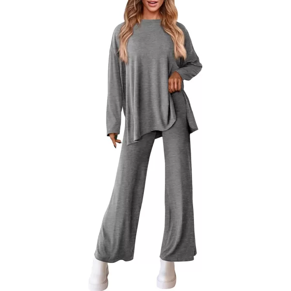 PRETTYGARDEN Womens Fall Two Piece Outfits Matching Lounge Sets Long Sleeve High Low Tops T Shirts Wide Leg Pants TracksuitsDark Grey
