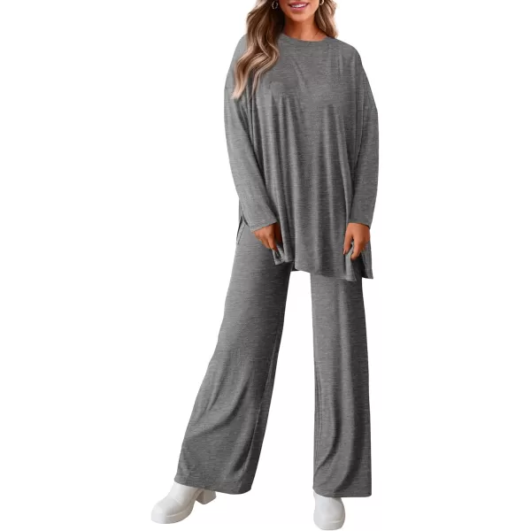 PRETTYGARDEN Womens Fall Two Piece Outfits Matching Lounge Sets Long Sleeve High Low Tops T Shirts Wide Leg Pants TracksuitsDark Grey