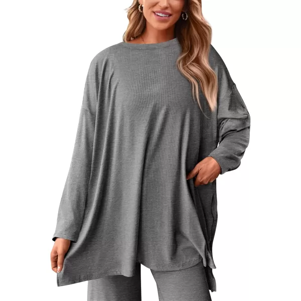 PRETTYGARDEN Womens Fall Two Piece Outfits Matching Lounge Sets Long Sleeve High Low Tops T Shirts Wide Leg Pants TracksuitsDark Grey
