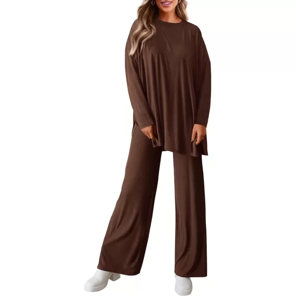 PRETTYGARDEN Womens Fall Two Piece Outfits Matching Lounge Sets Long Sleeve High Low Tops T Shirts Wide Leg Pants TracksuitsLight Coffee